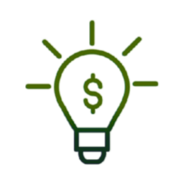 Green lightbulb icon with a dollar sign in the center and lines radiating outward, symbolizing money-saving ideas or financial innovation.