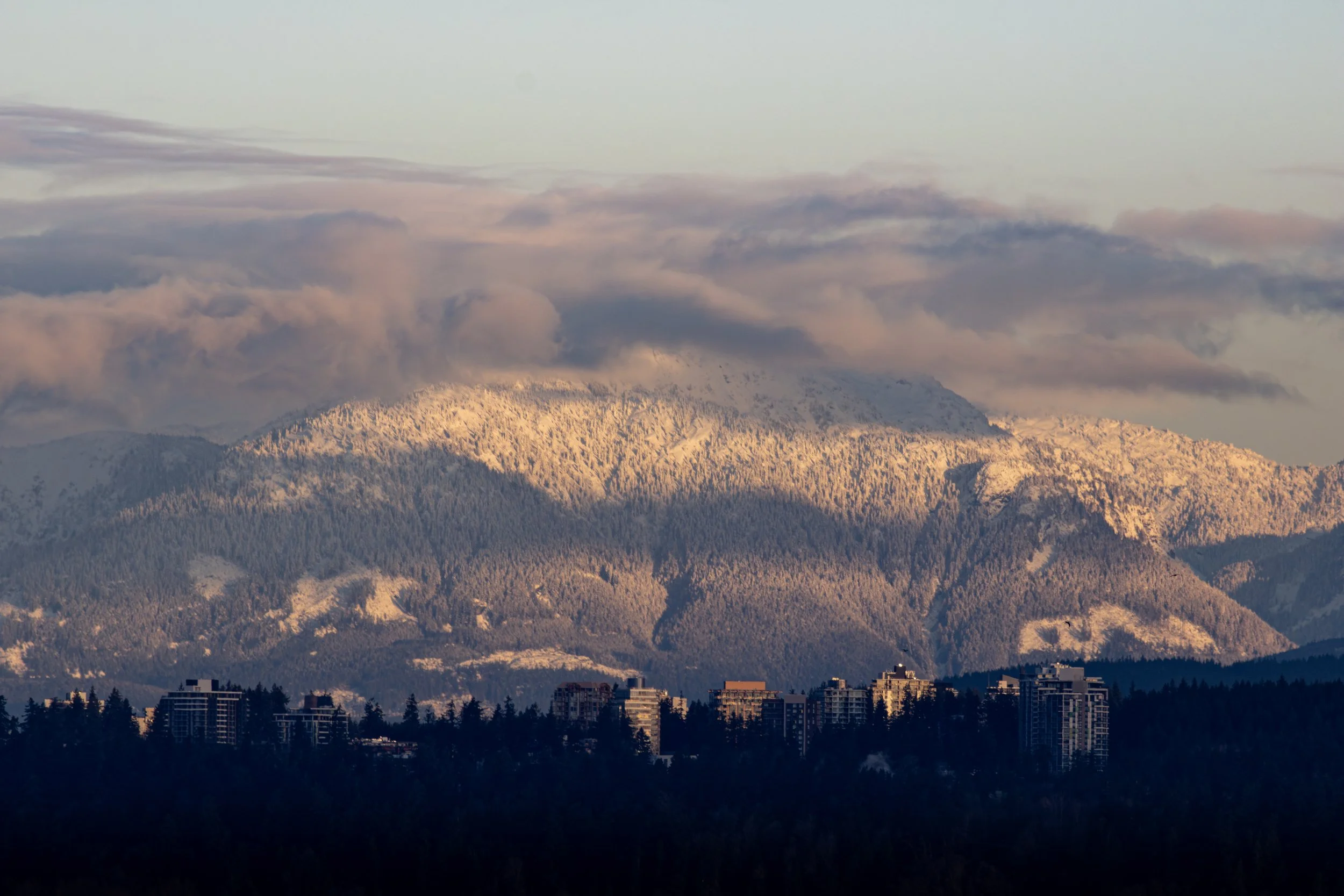 A city skyline with several high-rise buildings in the foreground, with snow-capped mountains and clouds in the background.