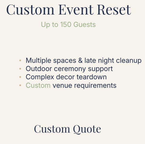 A promotional flyer for a rental service titled 'Custom Event Reset,' offering event hosting for up to 150 guests. It lists features such as multiple spaces and late-night cleanup, outdoor ceremony support, complex decor teardown, and customizable venue requirements. The flyer has a simple layout with clean text.
