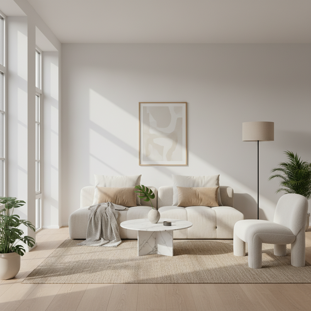Bright living room with large windows, white sofa with beige pillows, a round marble coffee table, a white upholstered chair, a tall beige floor lamp, and green houseplants, with abstract artwork on the wall.