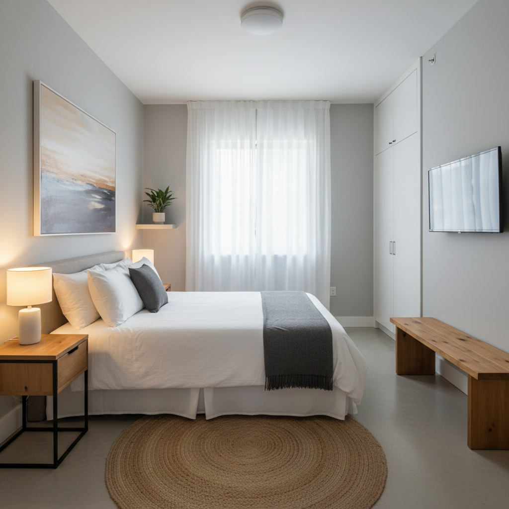 A minimalist bedroom with a bed, nightstands, lamps, a painting, a potted plant, a window with white curtains, a TV, a wooden bench, and a round rug.