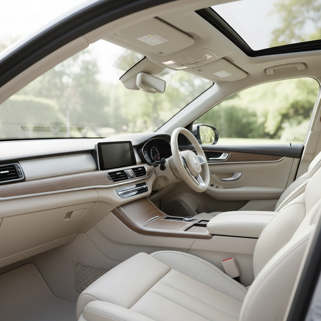 Interior of a modern car with beige leather seats, a wood-trim dashboard, and a digital infotainment screen, featuring a sunroof and greenery outside