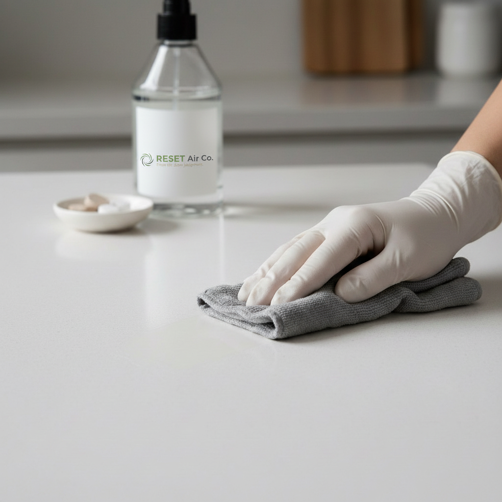 Person wearing white gloves cleaning a white surface with a gray cloth. In the background, there is a clear spray bottle labeled 'RESET Air Co.' and a small white dish with some items on it.