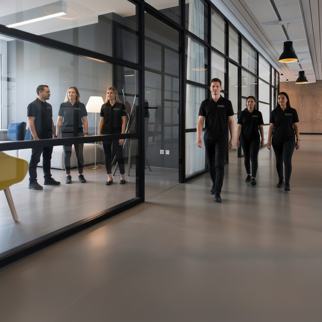 Six people in black uniforms walking through an modern office space with glass walls and black accents.