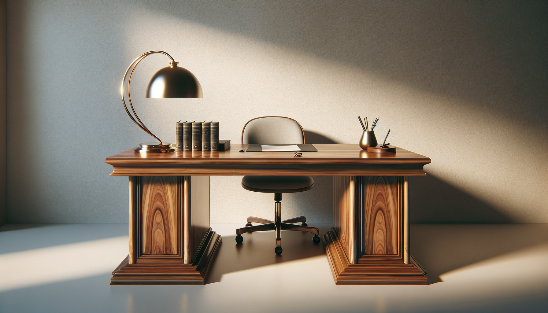 A wooden office desk with a black office chair, a brass desk lamp, a row of black books, a stack of papers, and a brass pen holder with pens inside, placed against a plain wall with sunlight streaming in.