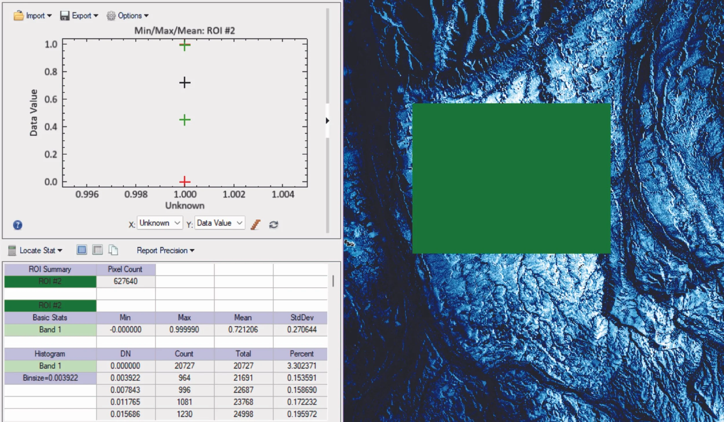 Selecting green region of interest to find 72.1% factional snow cover