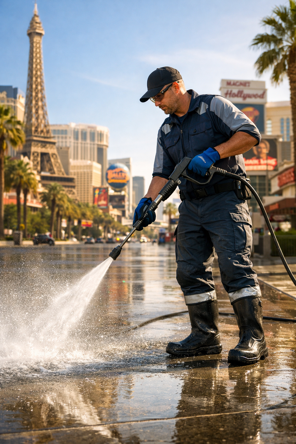 A street cleaner wearing a black cap, glasses, blue gloves, and waterproof boots uses a pressure washer to clean the sidewalk on the Las Vegas Strip, with the Paris Hotel and casino, the Eiffel Tower replica, and other Las Vegas landmarks in the background.