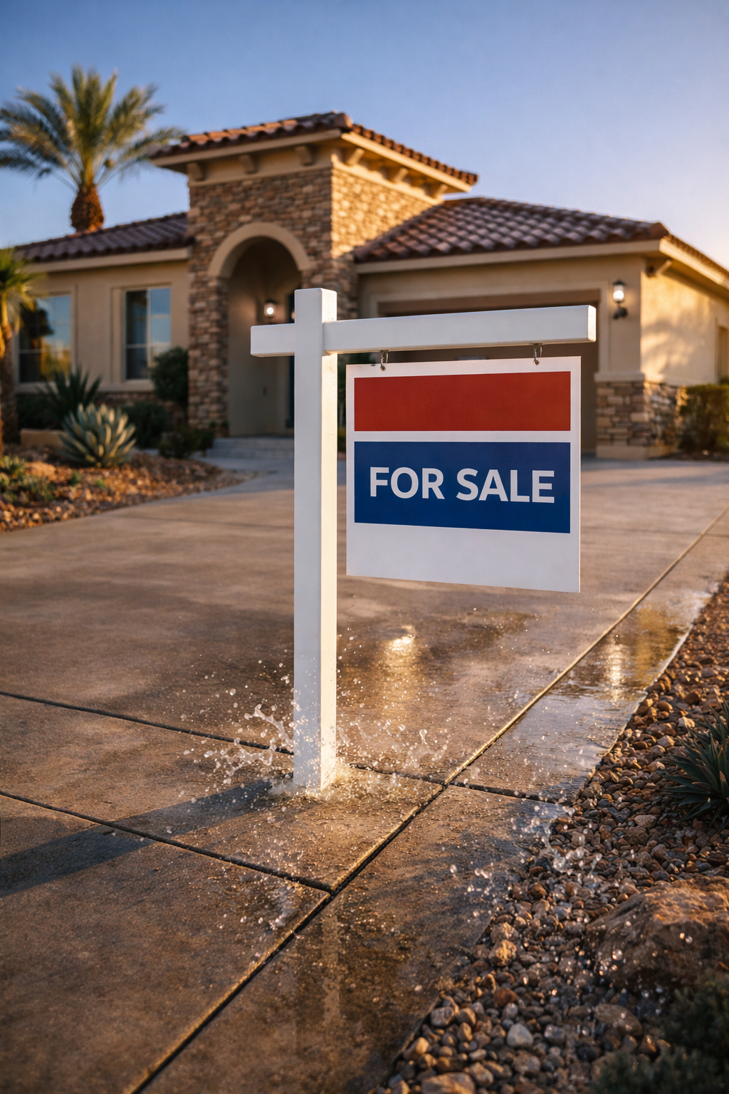 A house with a tiled roof and stone accents on the front entrance. In the foreground, a 'For Sale' sign is placed on a concrete driveway. Water splashes around the base of the sign, indicating recent watering or rain. The background features a clear sky and palm trees.