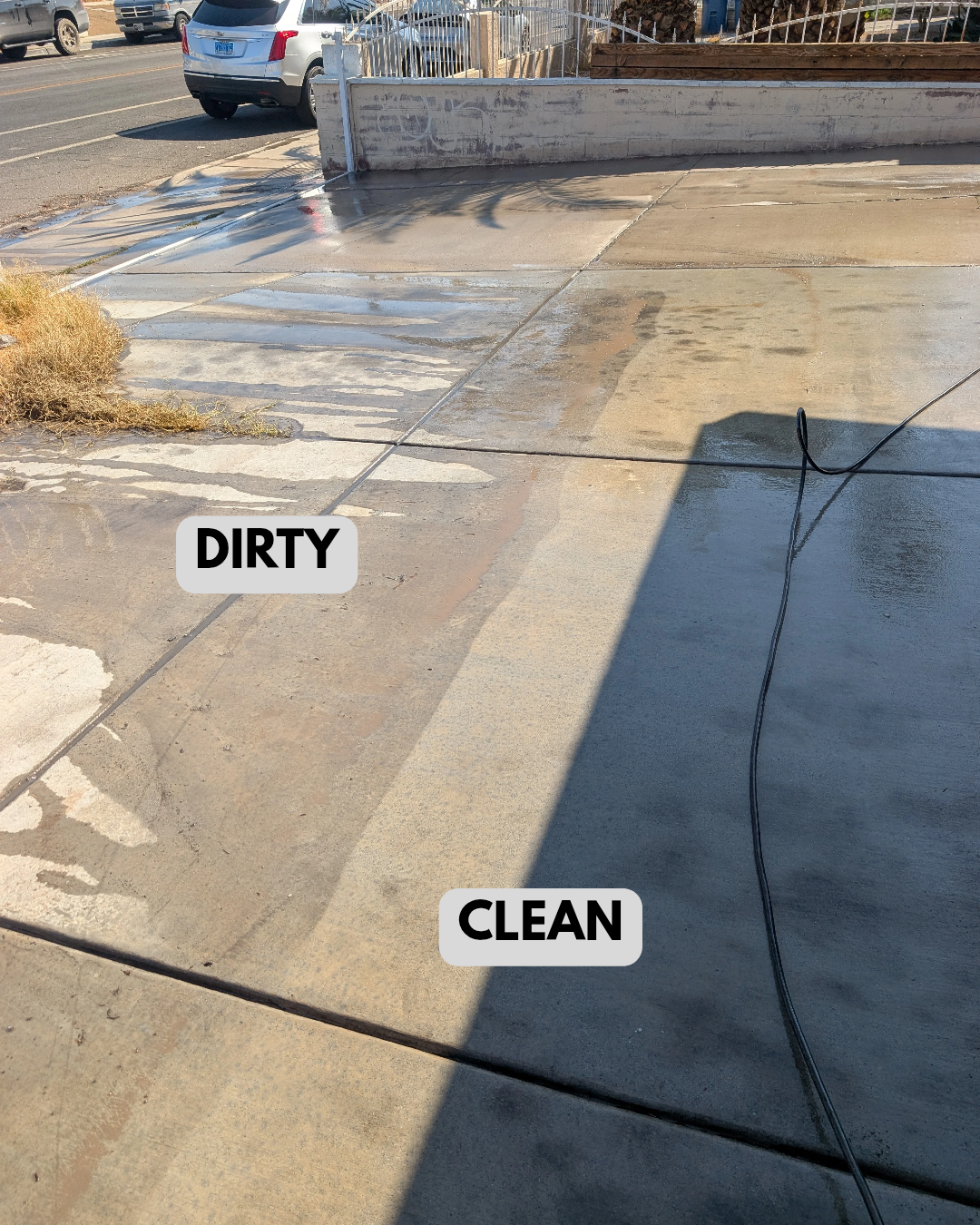 Comparison of sidewalk sections, one labeled 'DIRTY' with stains and debris, and the other labeled 'CLEAN' with wet, freshly washed surface.