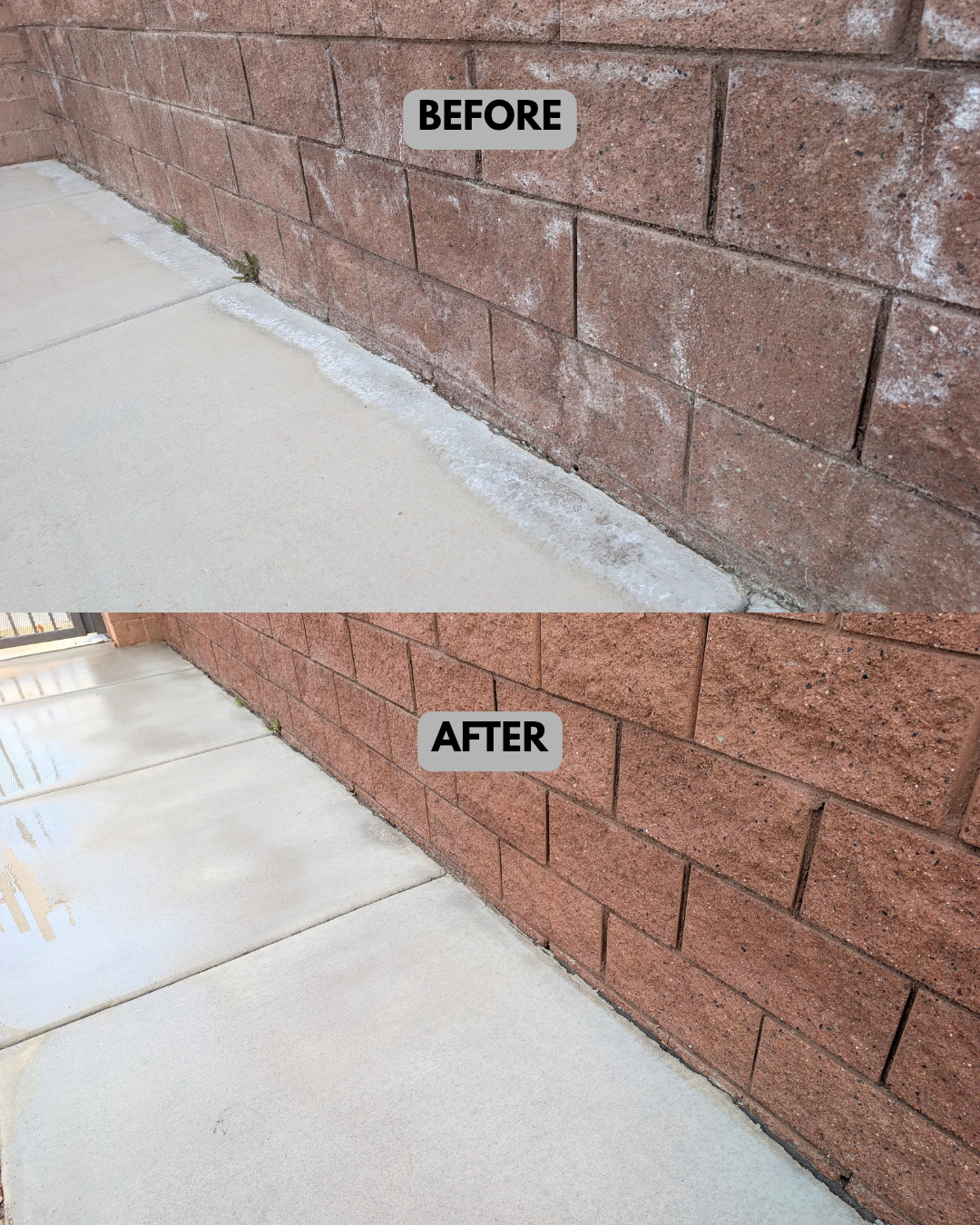 Side-by-side comparison of a brick wall and pavement before and after cleaning; the 'before' shows dirt and grime on the wall and pavement, while the 'after' shows a cleaner, brighter appearance.