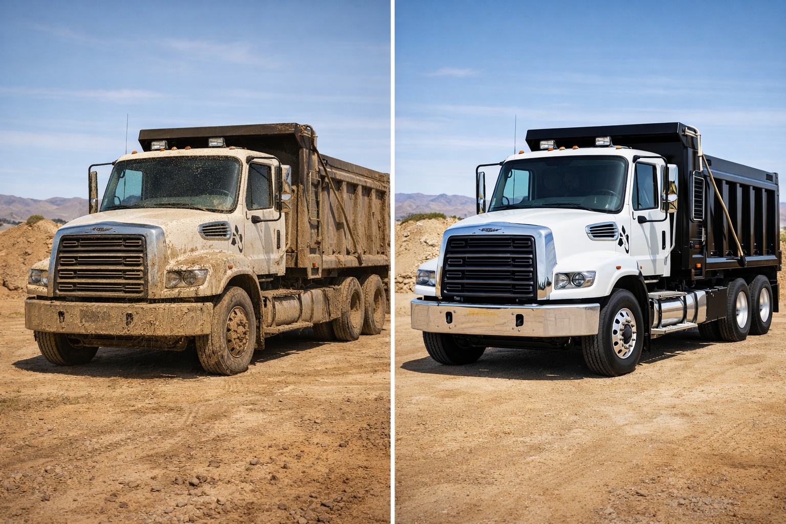Comparison of old dirty dump truck on left and new clean dump truck on right, on a dirt construction site with mountains in the background.