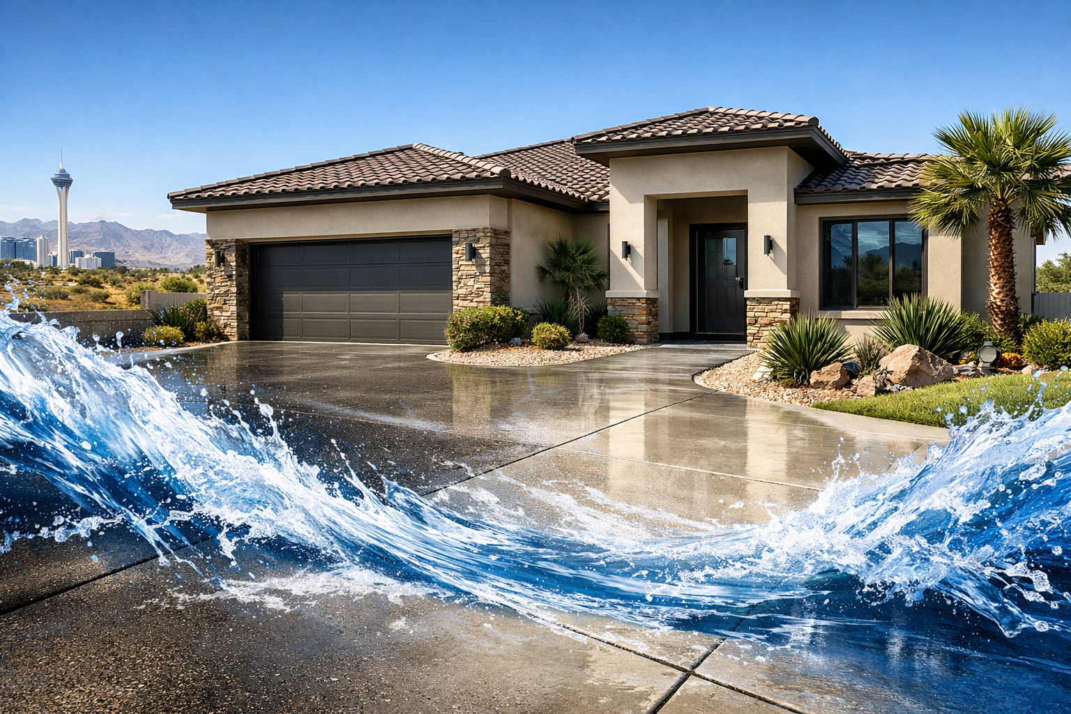 A modern house with a black garage door and front door, desert landscaping, and a palm tree, with a splash of water in the foreground and mountains and city skyline in the background.