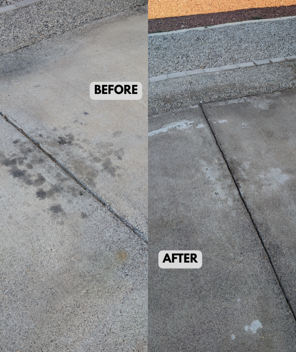 Side-by-side comparison of a sidewalk before and after cleaning or repair. The left side labeled 'BEFORE' shows dirty, stained concrete, while the right side labeled 'AFTER' shows cleaner, more even concrete surface.