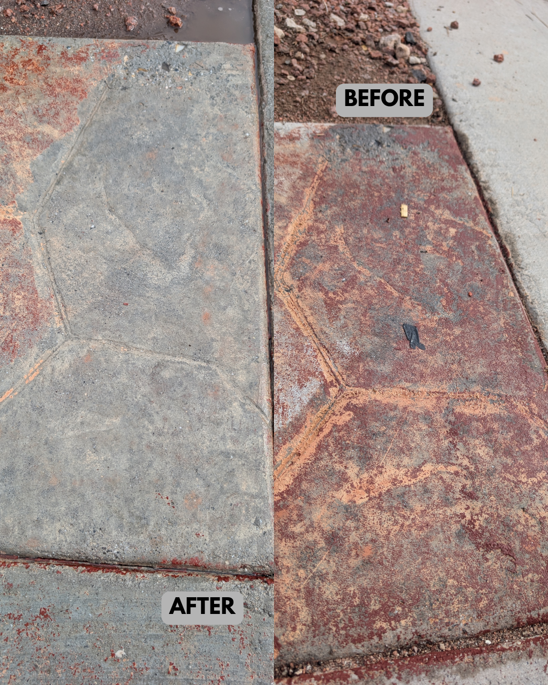Comparison of a concrete sidewalk square before and after cleaning and buffing. The 'before' image shows a red-colored surface with rust and dirt, while the 'after' image shows a cleaner, brighter surface with less rust and dirt.