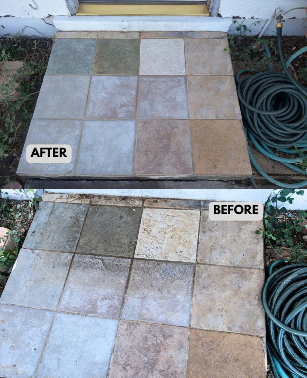 A side-by-side comparison of a newly installed tiled porch area in the "after" image, with a cleaned and cleaner appearance of the tiles, versus the "before" image showing dirt and grime on the tiles and mortar.