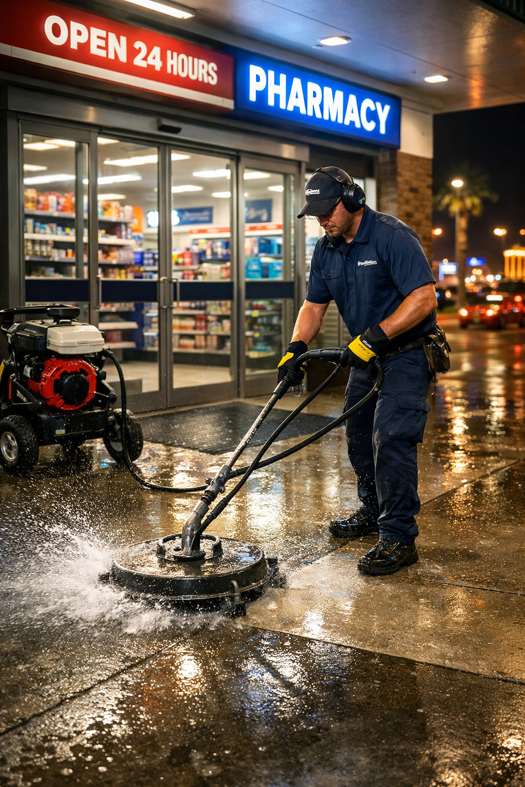 A man wearing dark blue uniform, black gloves, and ear protection is pressure washing the sidewalk outside a 24-hour pharmacy at night. The pharmacy has a brightly lit blue sign with white letters and a red sign indicating it's open 24 hours. There are colorful shelves inside the pharmacy visible through glass doors.