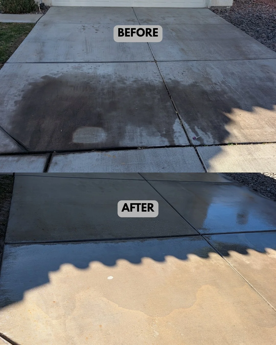 Comparison of a concrete driveway before and after pressure washing. The top section labeled 'BEFORE' is dirty and stained, while the bottom section labeled 'AFTER' is clean and bright.