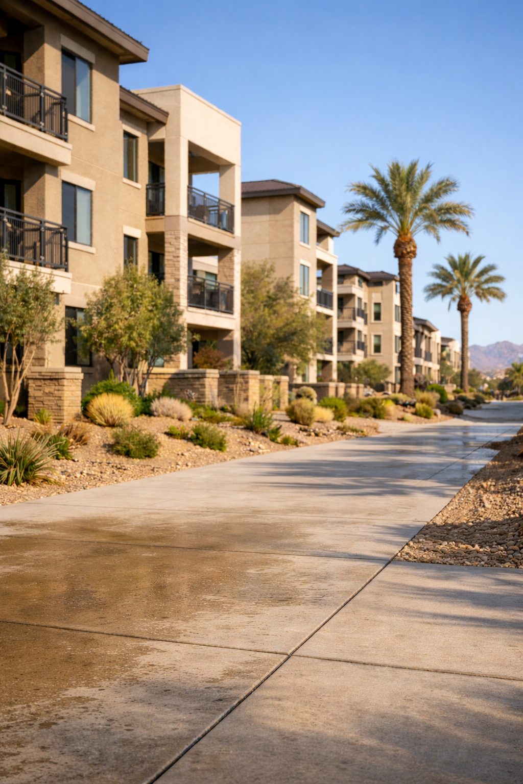 A modern apartment complex with multiple stories, featuring balconies with black railings, situated in a desert landscaping environment with palm trees and drought-tolerant plants, under a clear blue sky.