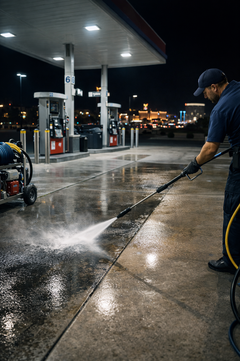 A man cleaning a wet concrete sidewalk at a gas station at night with a pressure washer.
