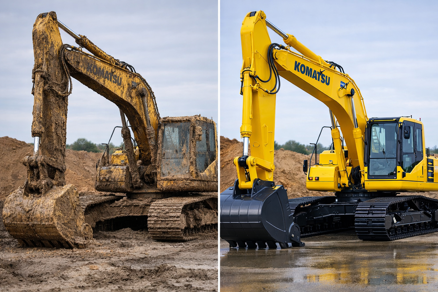 Comparison of two excavators, one appears old and muddy on the left, while the other is clean and painted yellow on the right, at a construction site.