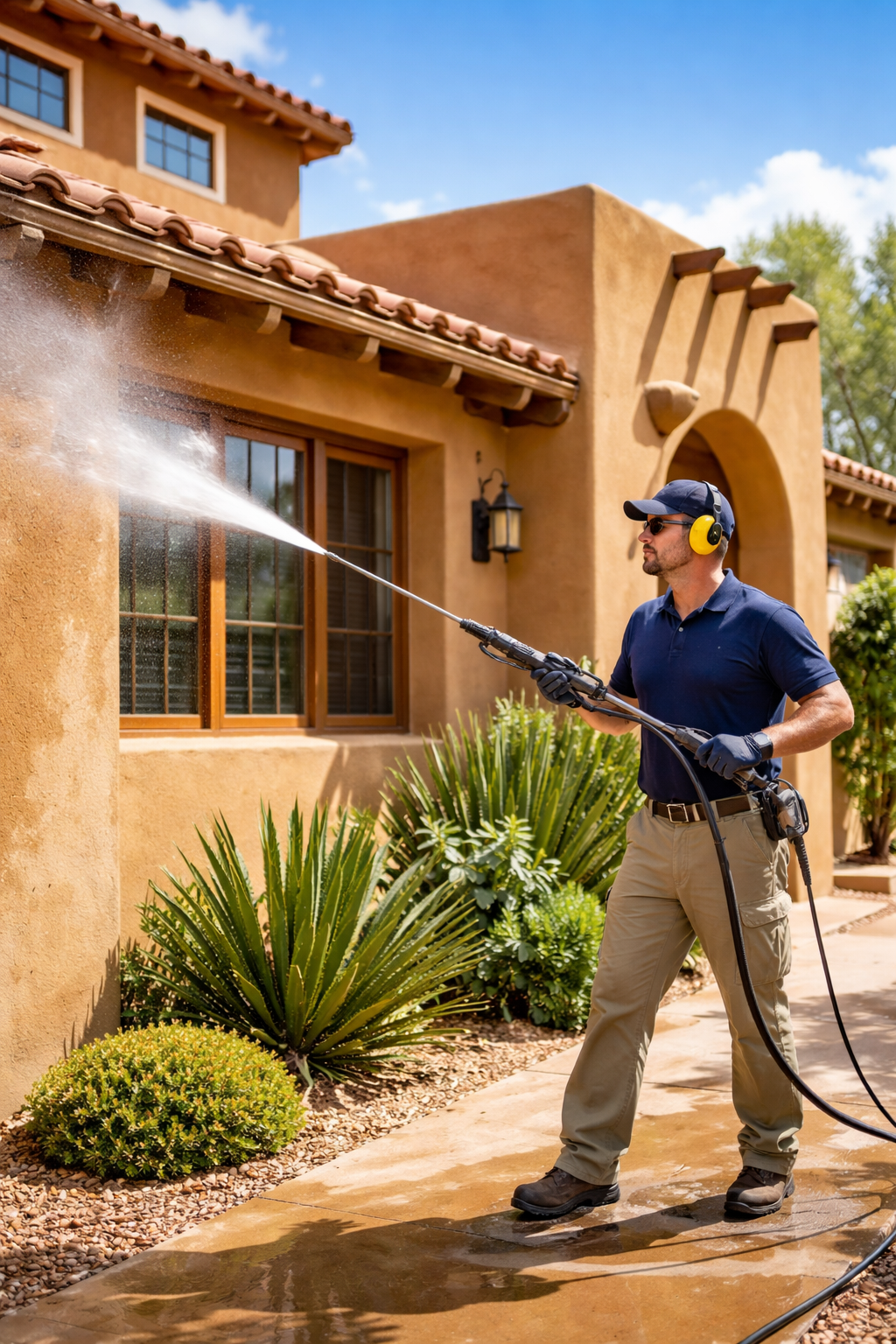 Man in navy polo shirt, khaki pants, and yellow ear protection using a pressure washer to clean the exterior wall of a stucco house with desert landscaping.