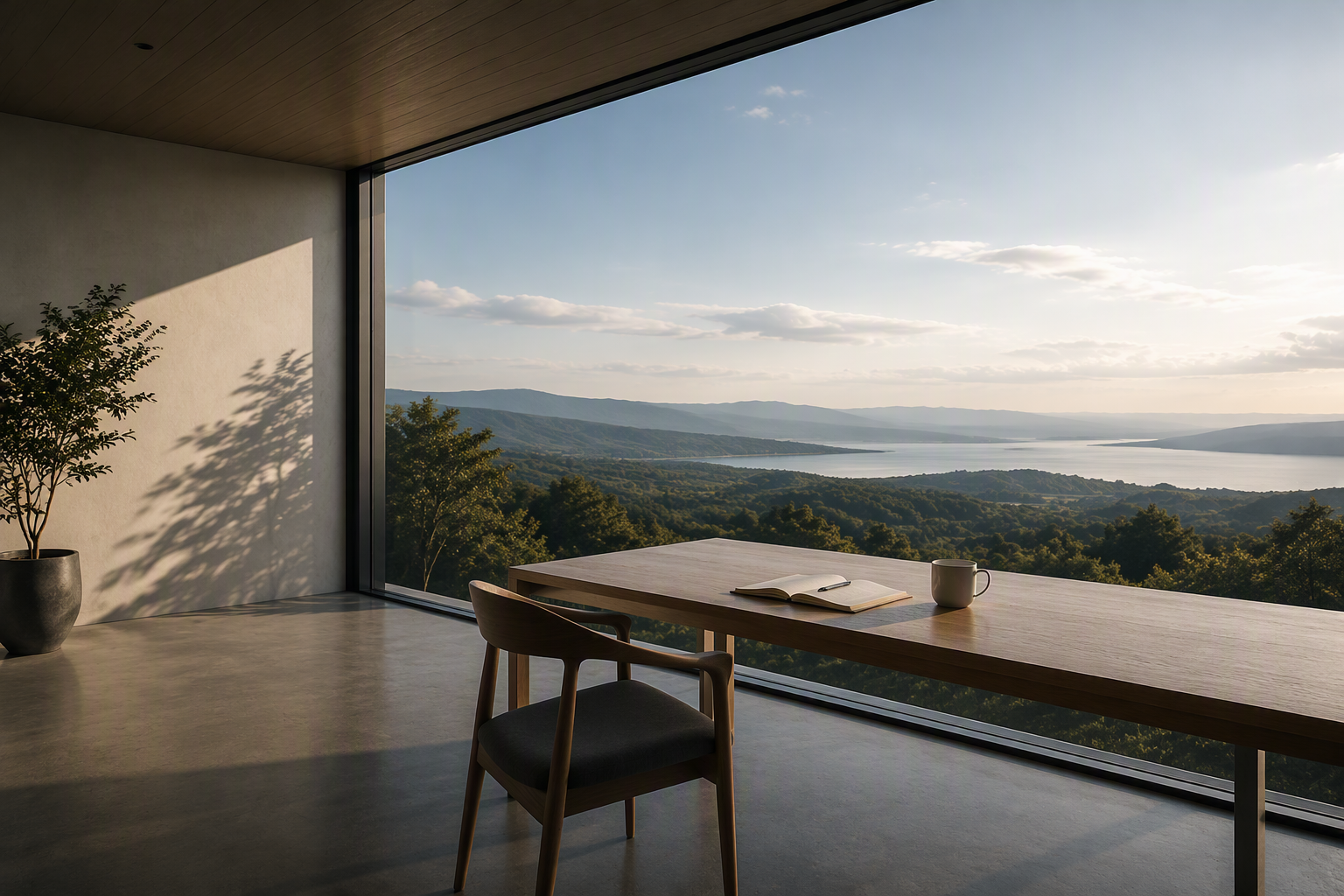 Image of a long wooden table with a notebook, pen and coffee mug overlooking an expansive window across rolling hills down to a bay.  It is early morning with soft light highlighting small clouds in the sky.