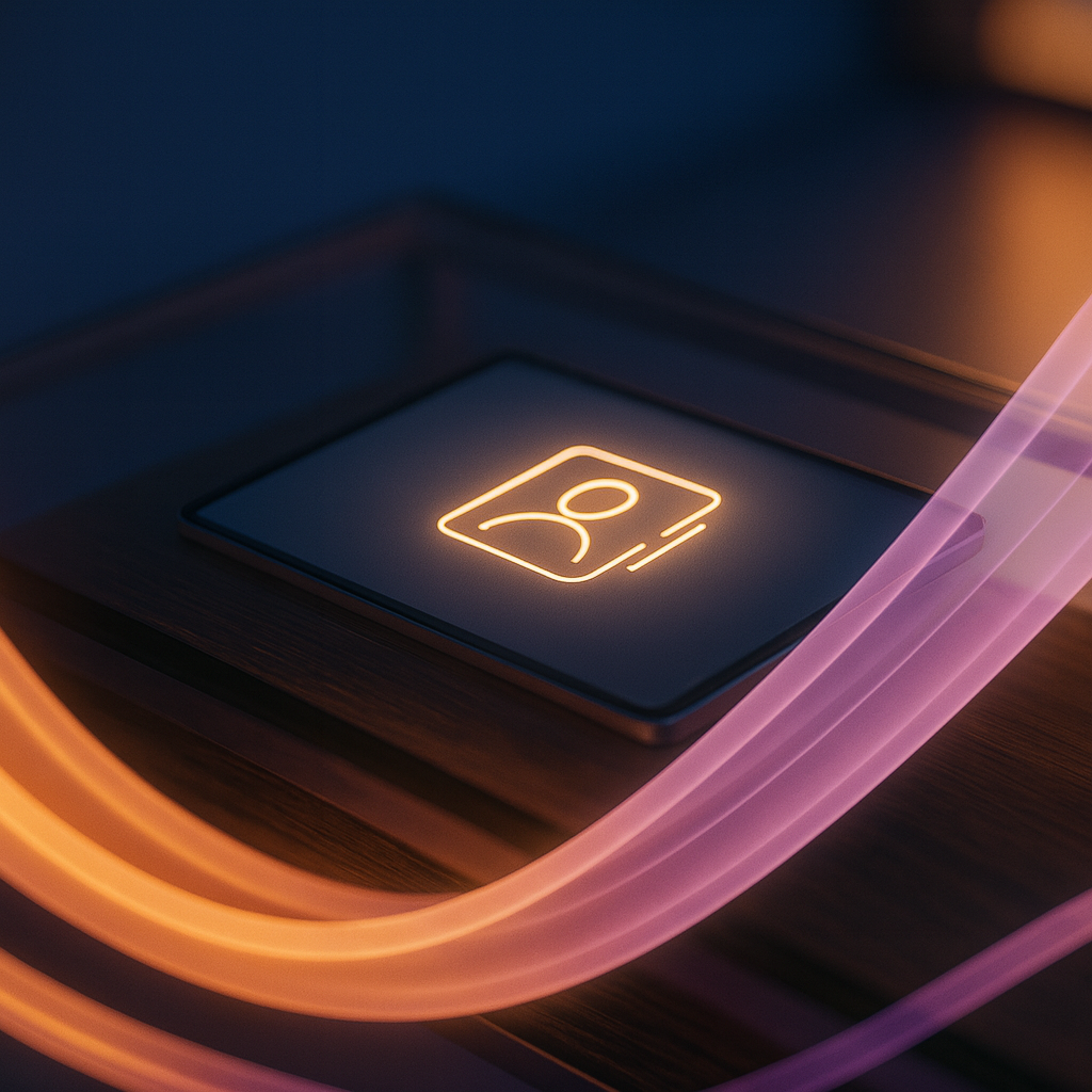 Glowing tablet device with a contact us image on it.  Ribbons of glowing light in orange and purple flow across the image