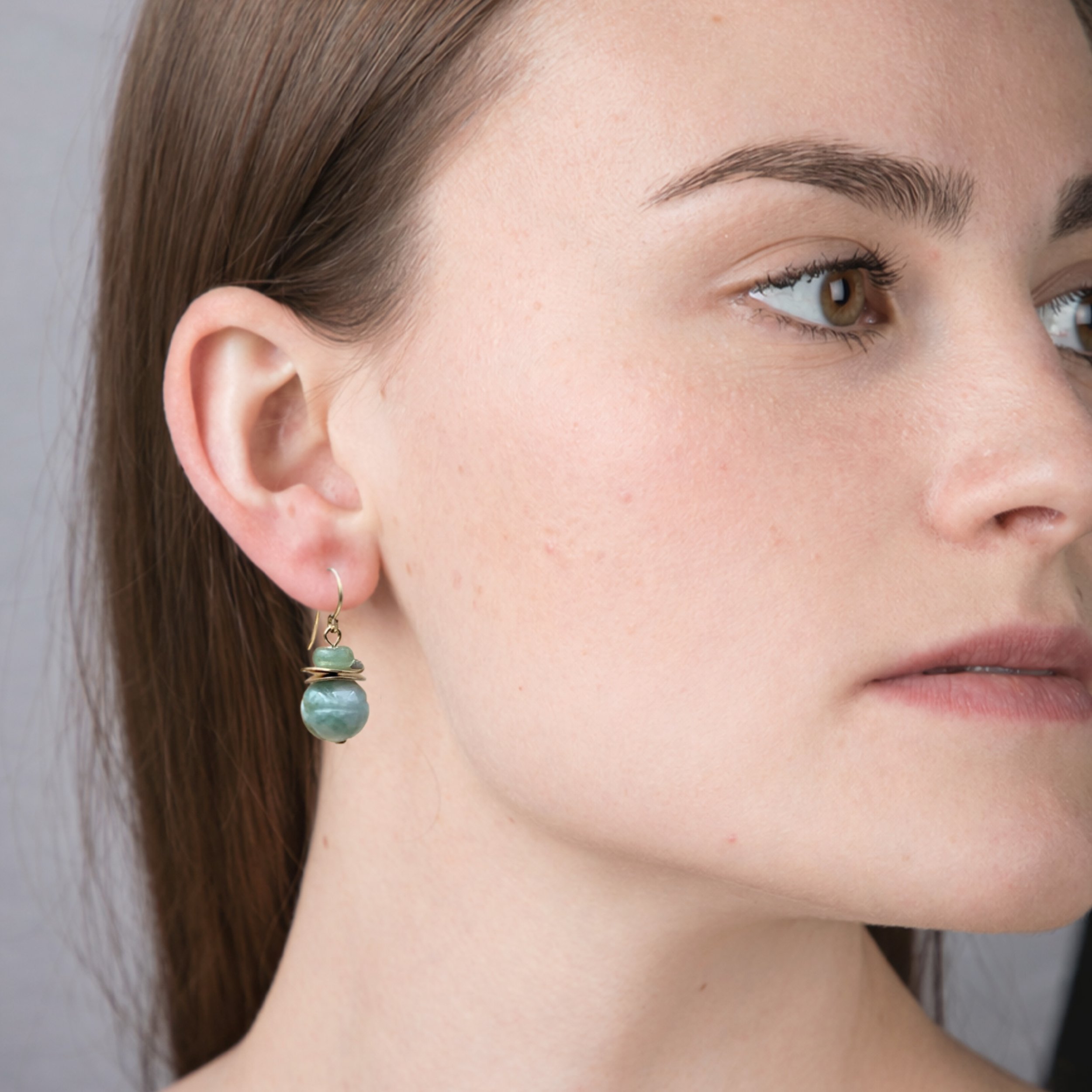 artisan created gold filled drop carved jade gemstone earrings