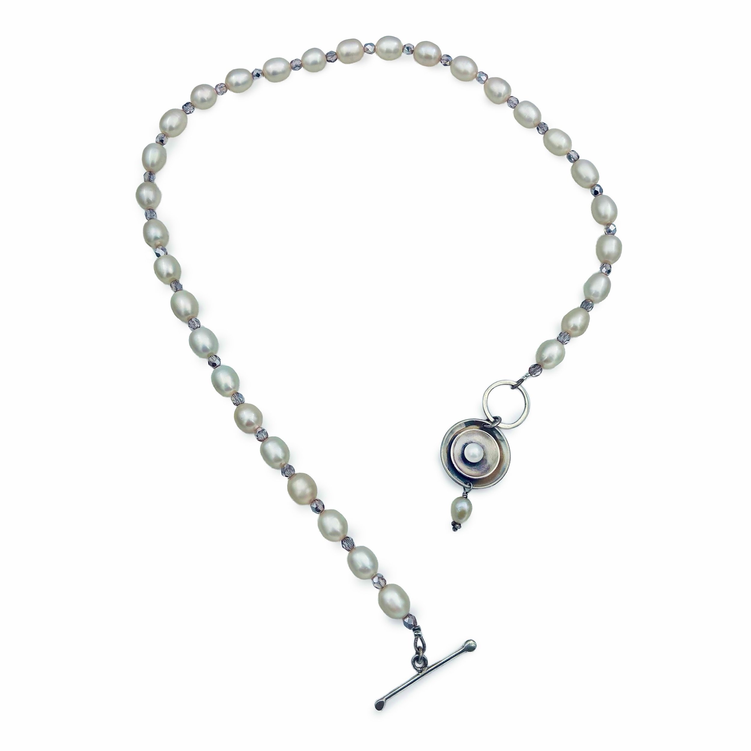 Full-length view of the 17-inch freshwater pearl and Swarovski crystal necklace.