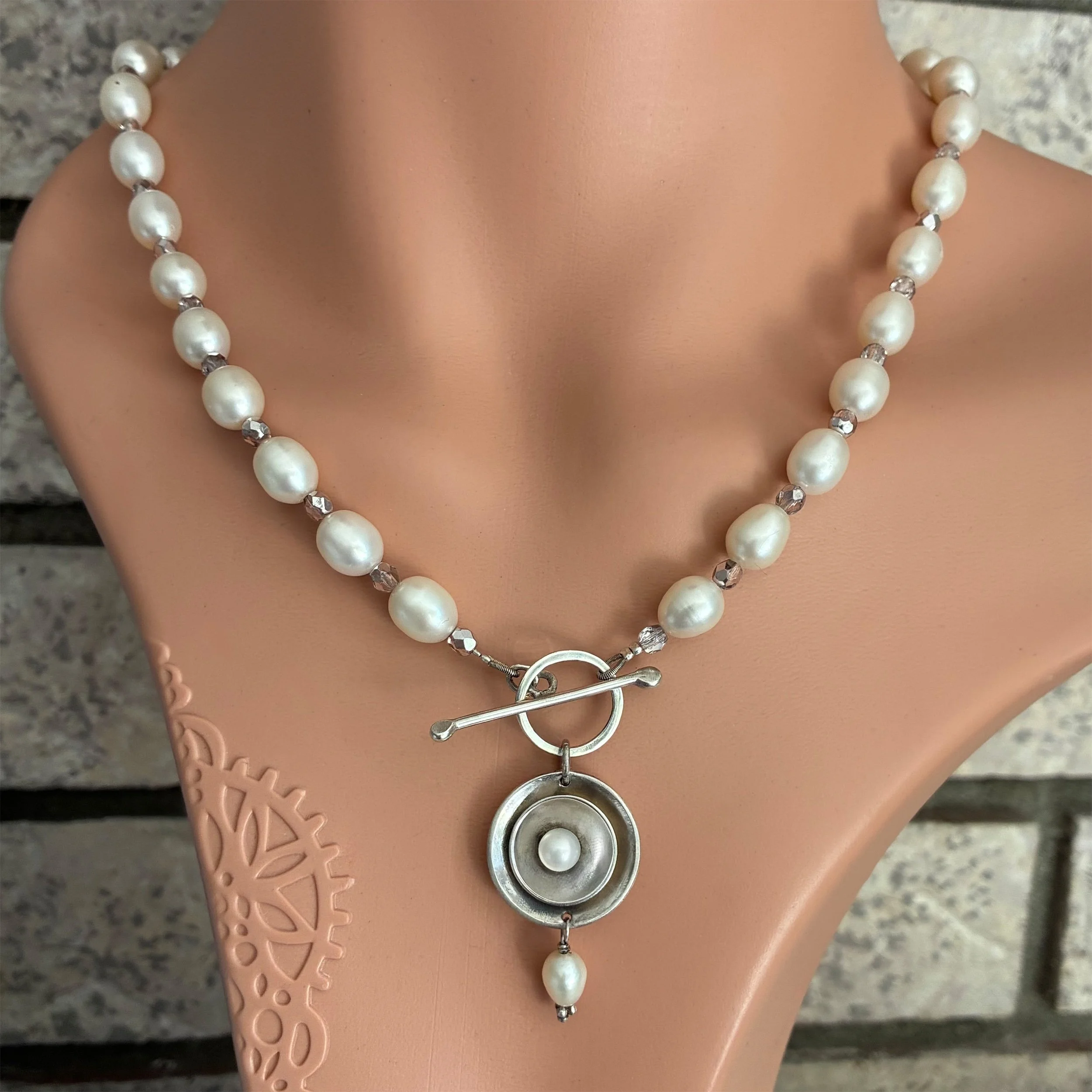 17 inch White Freshwater Pearl and Swarovski Crystal Necklace with handcrafted  Silver Pearl Clasp