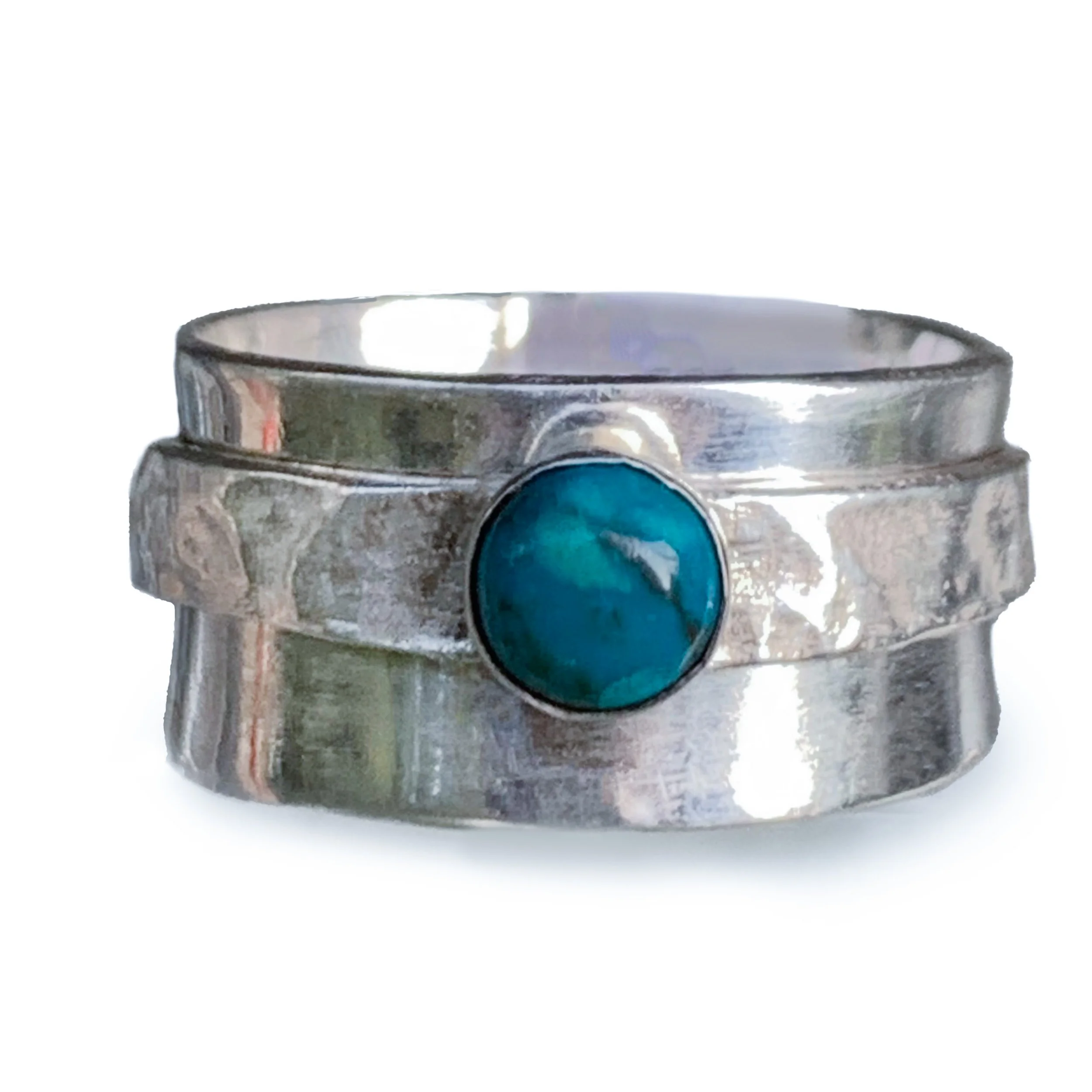 Textured Sterling Silver Spinner Style Ring with Chrysocolla Turquoise Gemstone
