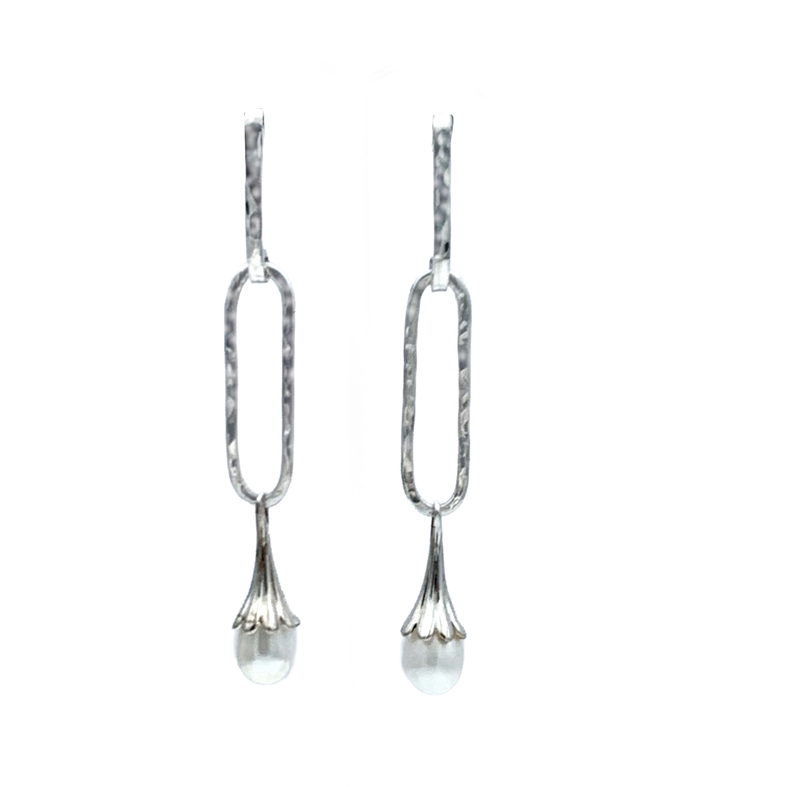 Artisan Hammered Sterling Silver Paper Clip earrings with pearl drops