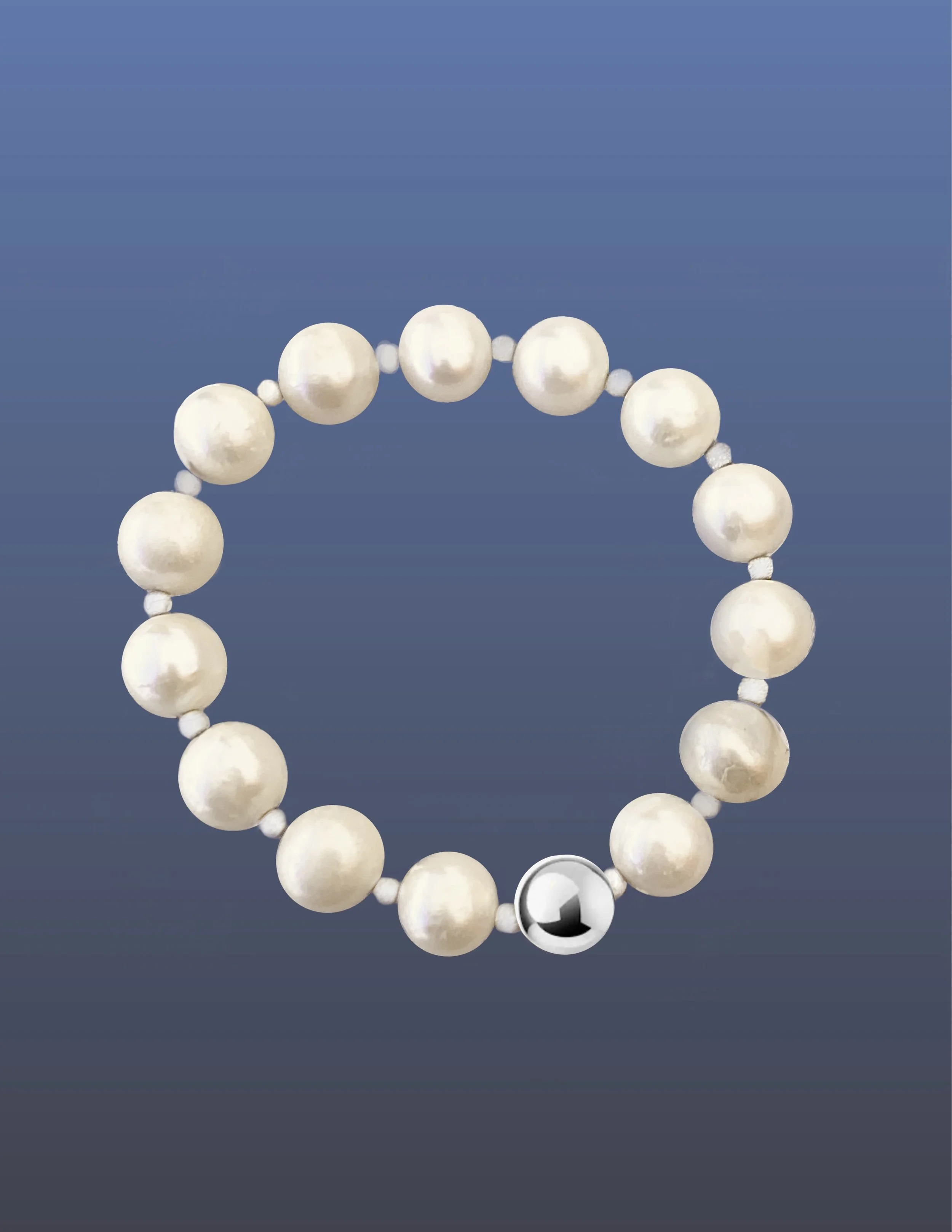 Big 12MM  Round  White Pearl stretch bracelet with Sterling Silver Accents