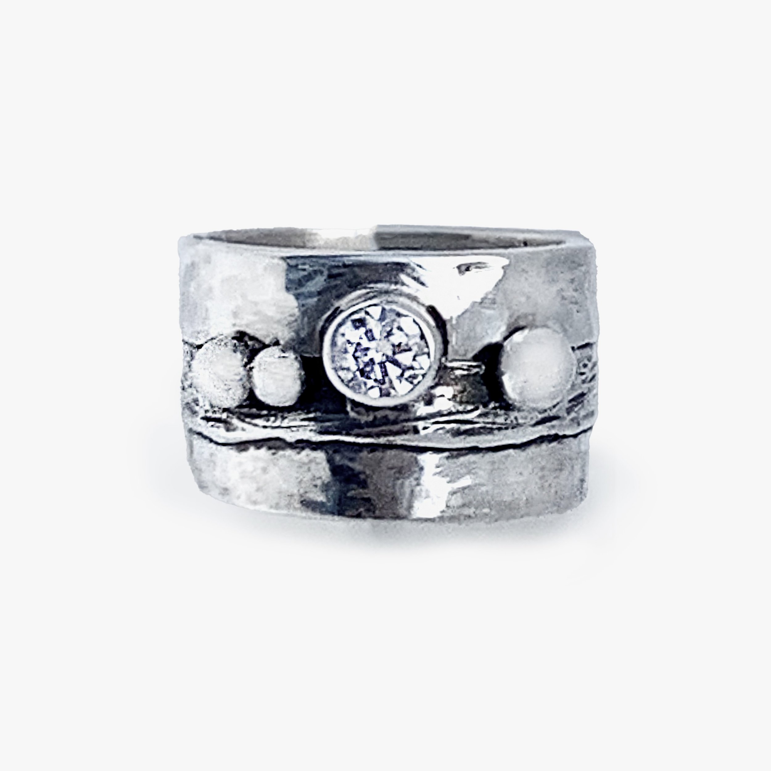 Hammered Sterling Silver Statement Ring with 5mm White Moissanite