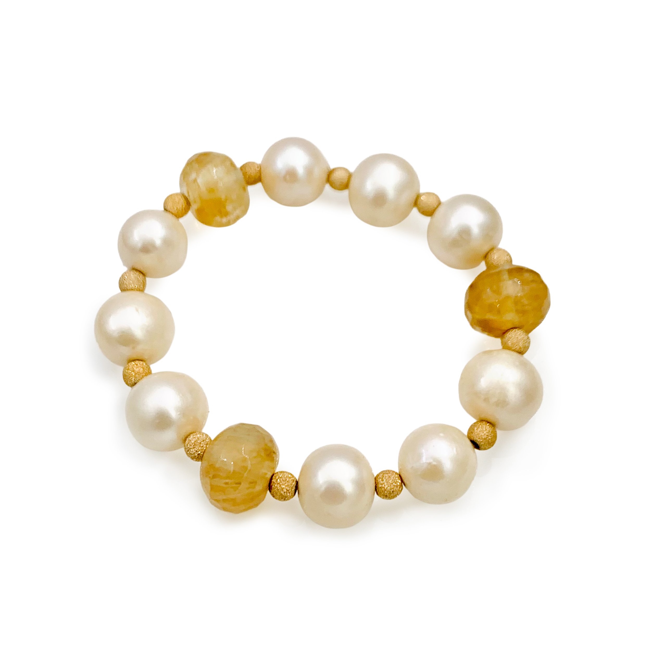 12MM White Pearl and Gold Rutilated Quartz bracelet with Gold Filled accents