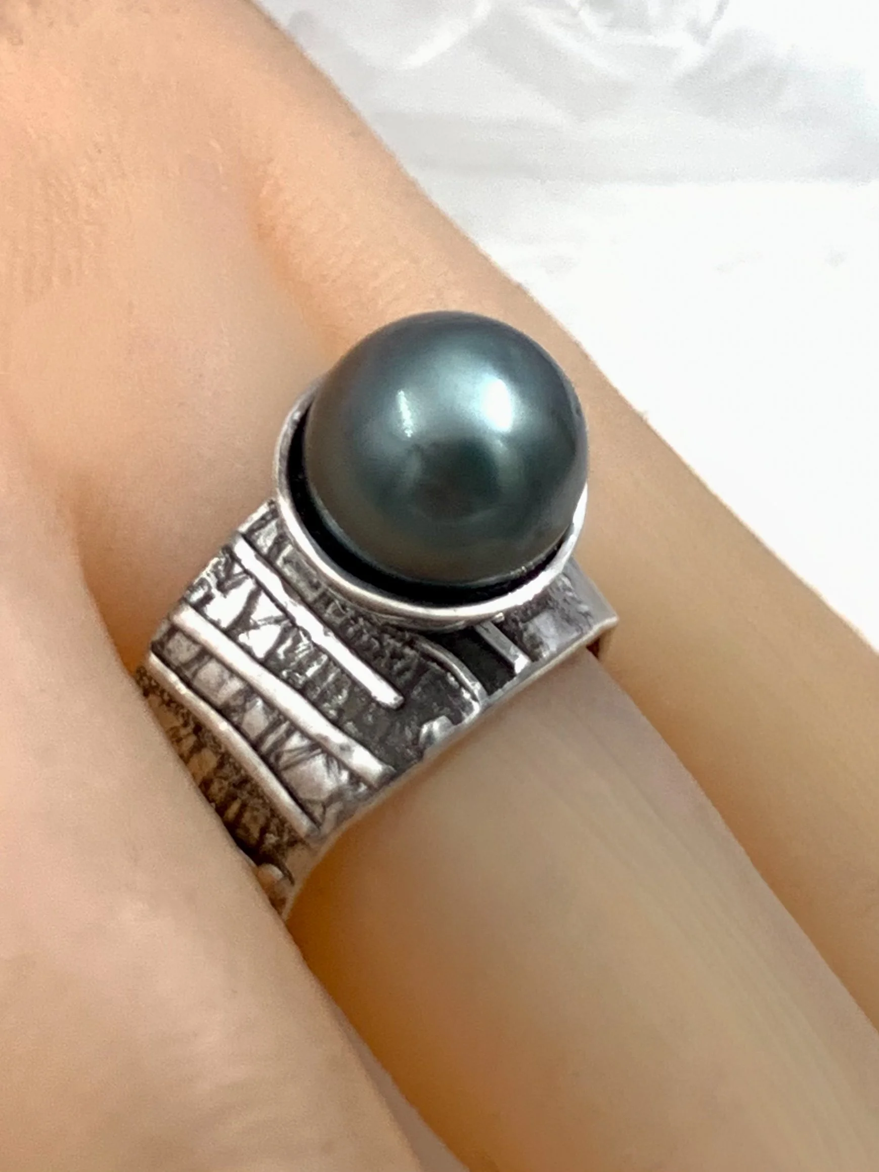 Artisan created black Tahitian pearl statement ring