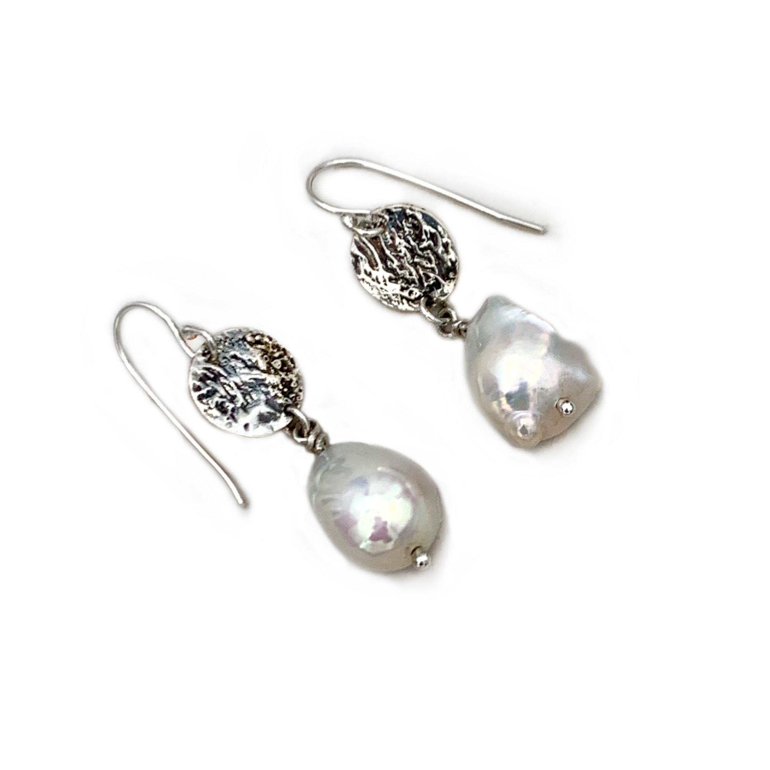 Reticulated Sterling Silver Earrings with AAA quality Baroque White Pearls