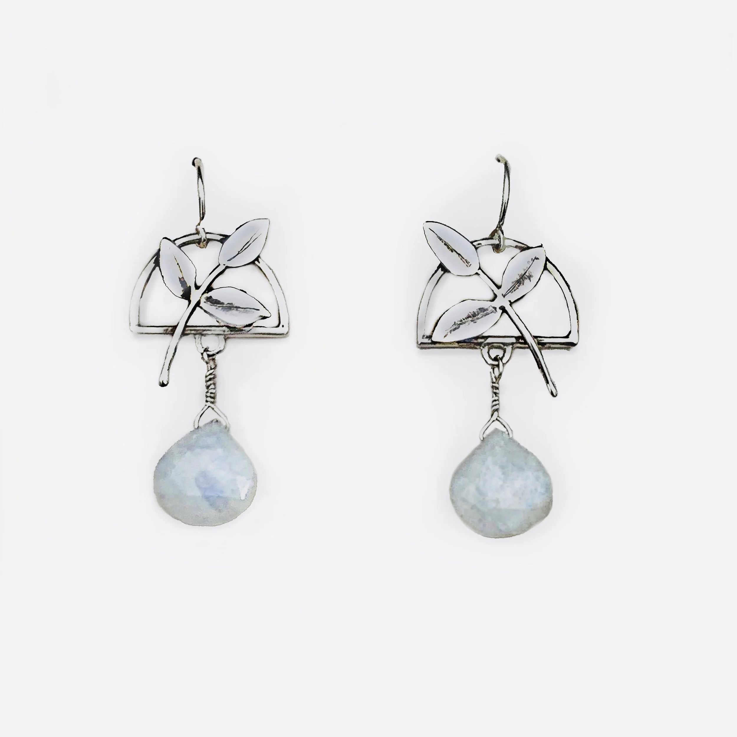 Nature inspired, handcrafted Sterling silver Earrings with Rainbow Moonstone Drops