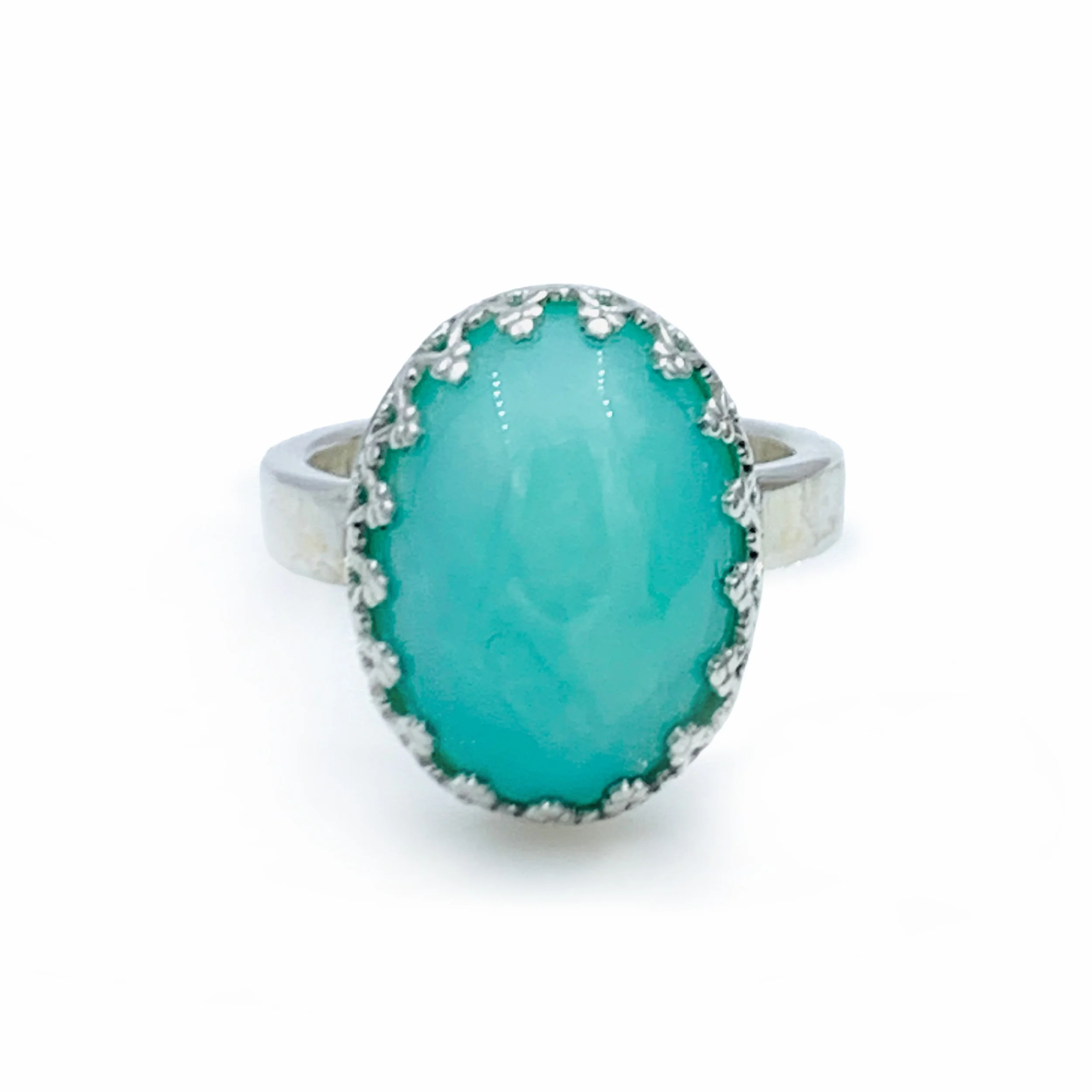 Handcrafted Sterling Silver Minimalist Ring with Turquoise Green Chrysoprase Cabochon