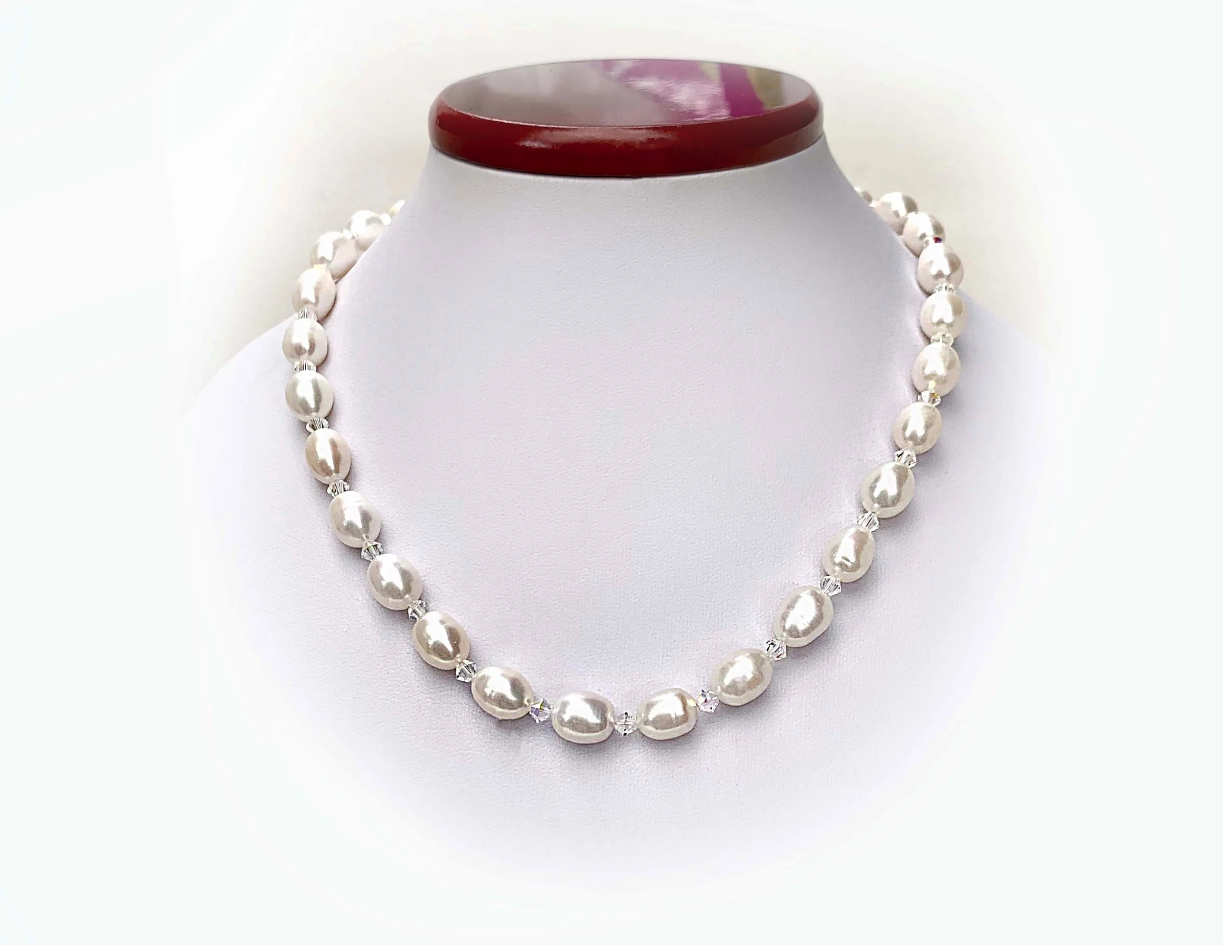 17 inch White Freshwater Pearl and ABS Swarovski Crystal Necklace with handcrafted  Silver Pearl Clasp