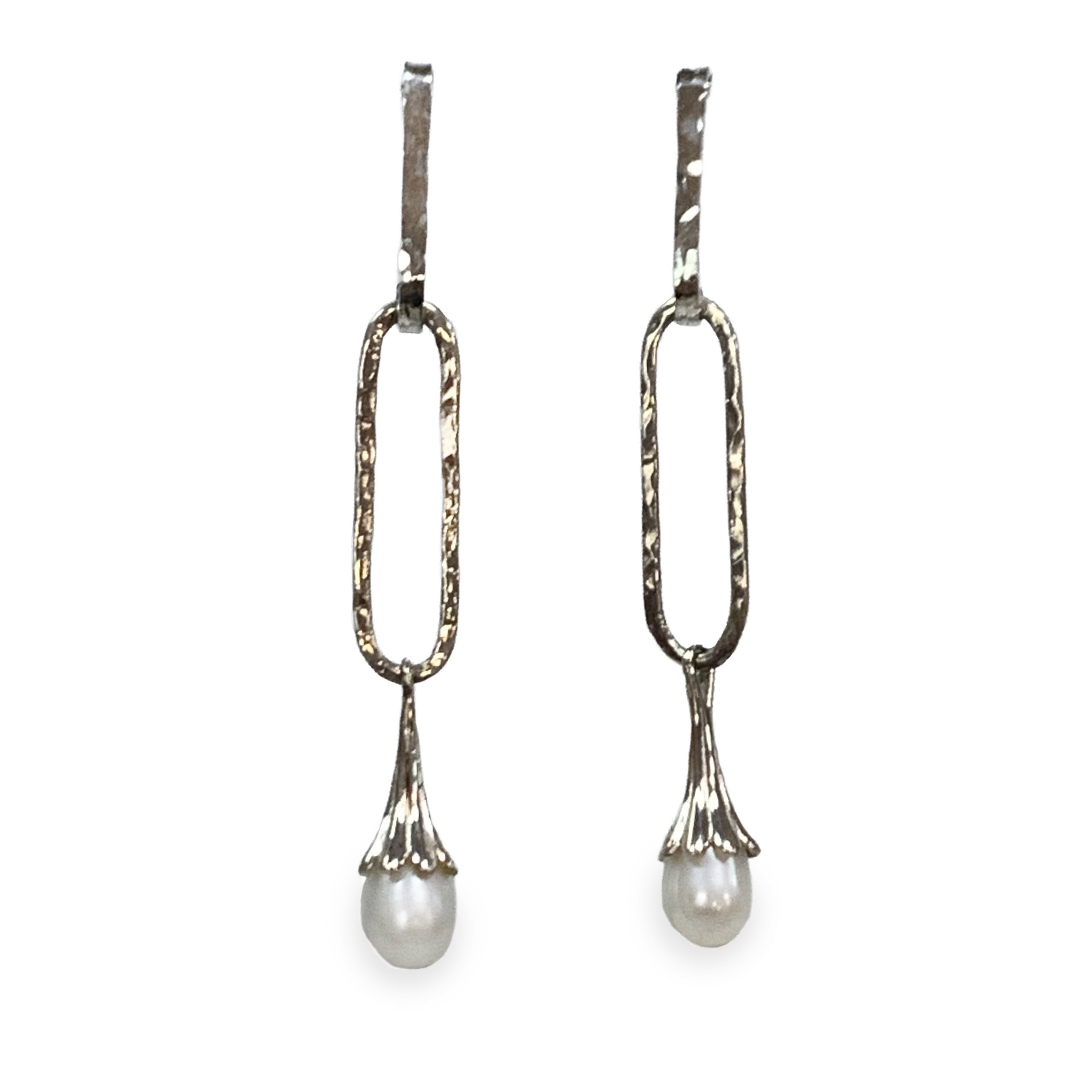 Hammered Sterling Silver Paperclip Earrings with Pearl Drops