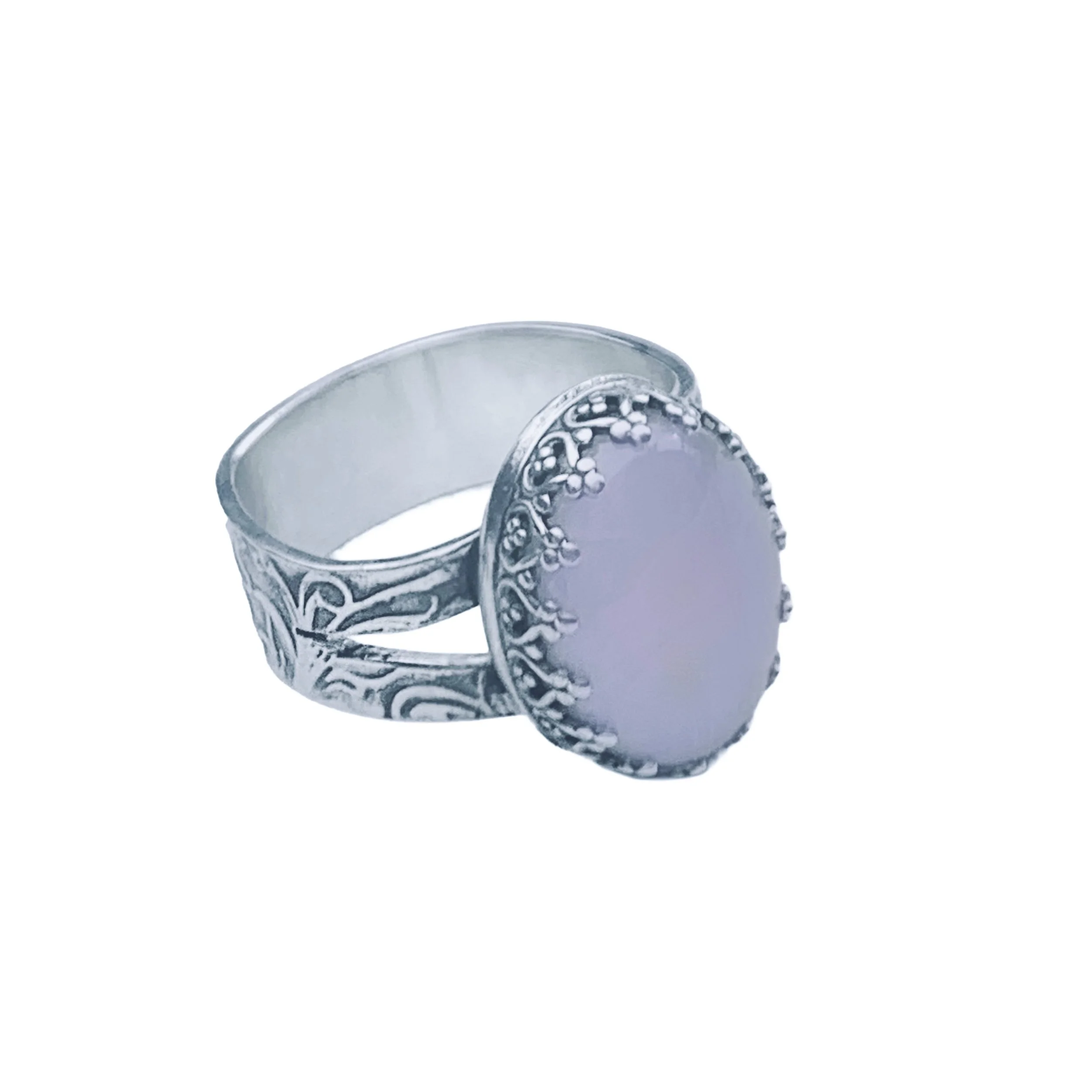 Beautiful Kunzite Cabochon handcrafted Sterling Silver Ring with Textured band