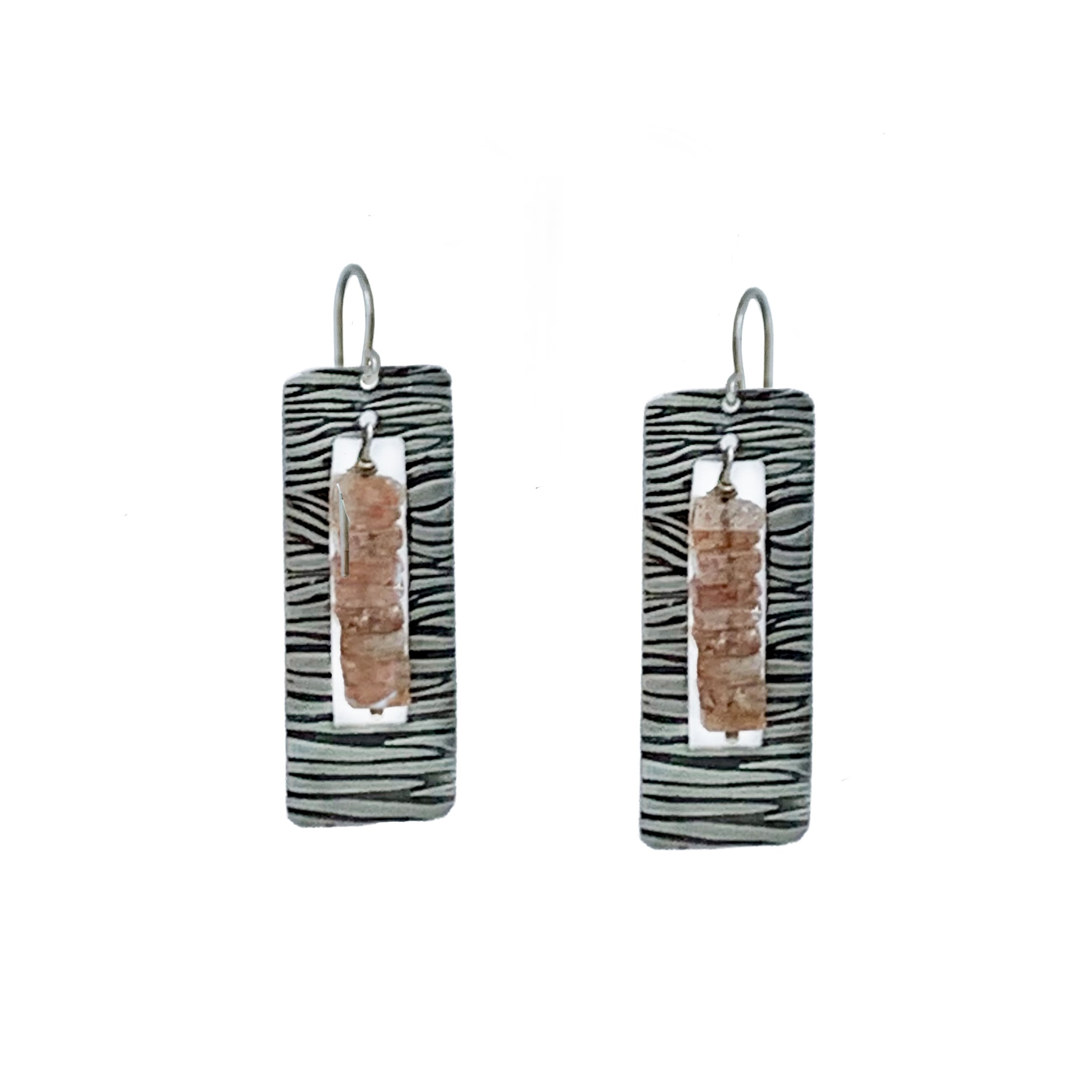 Modern Sunstone Heishi Earrings Framed by Textured Sterling Silver