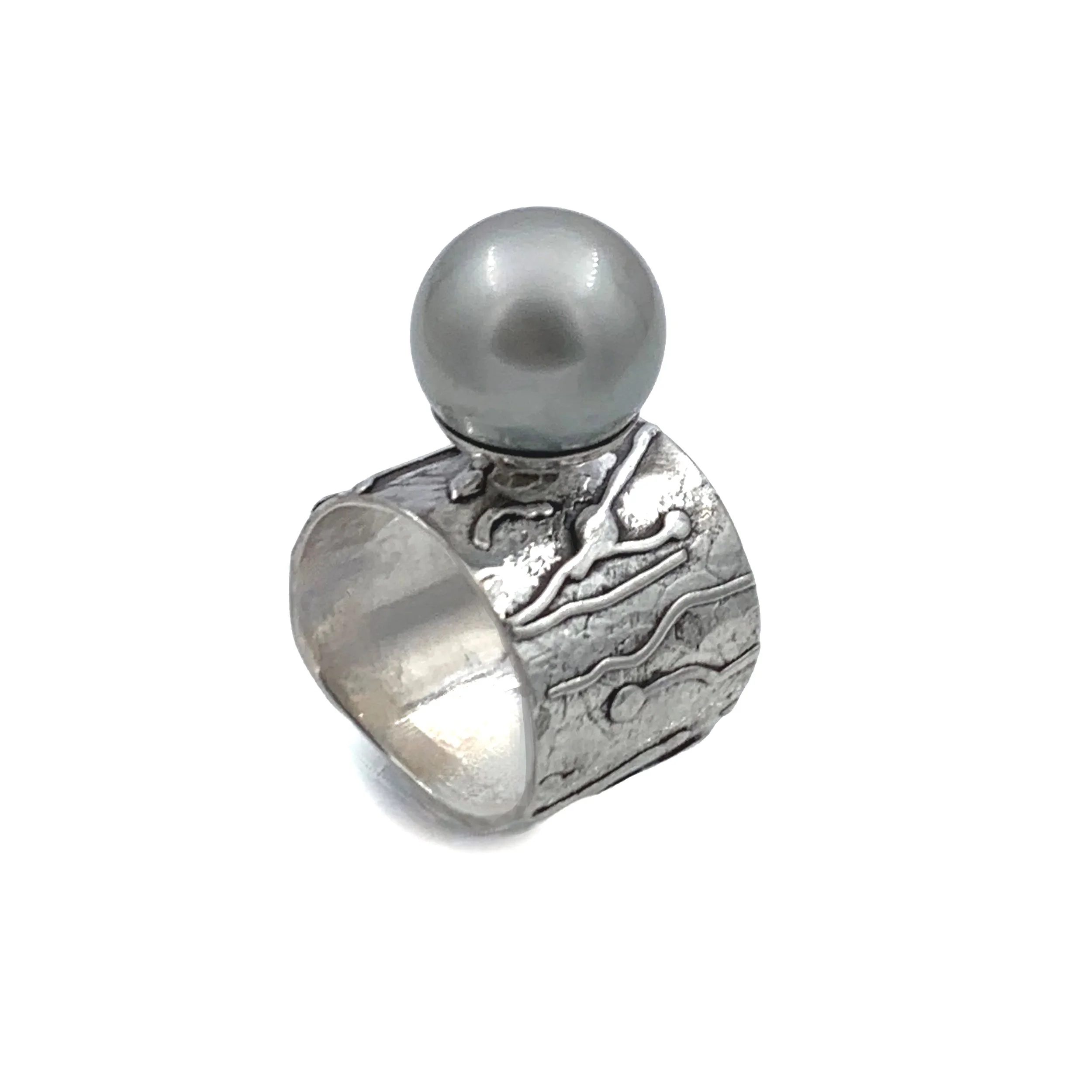Sterling Silver, 13.4mm Tahitian Black Pearl Statement Cocktail Ring