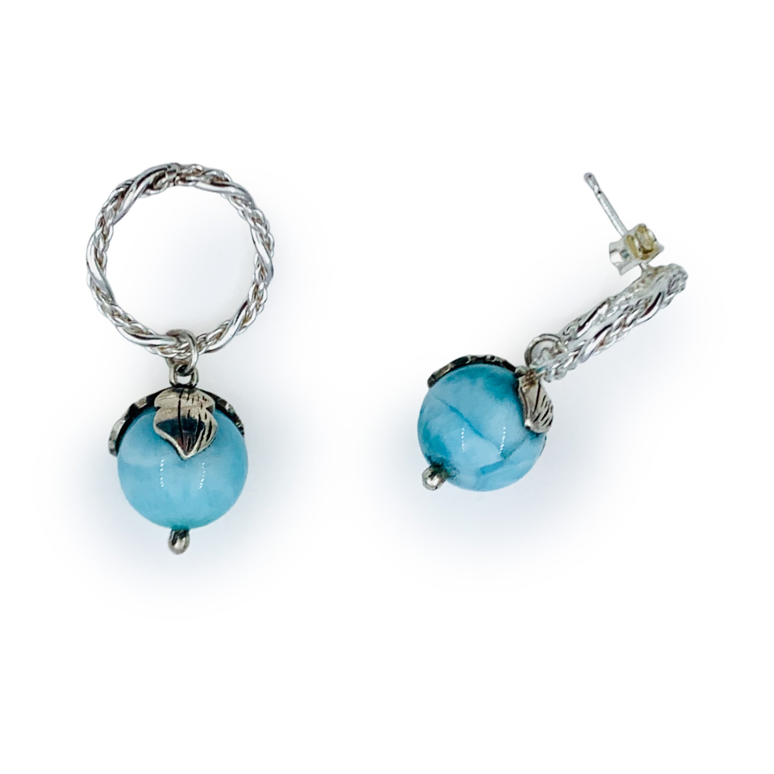 Sterling Silver Hoop and Floral Larimar Drop Earrings