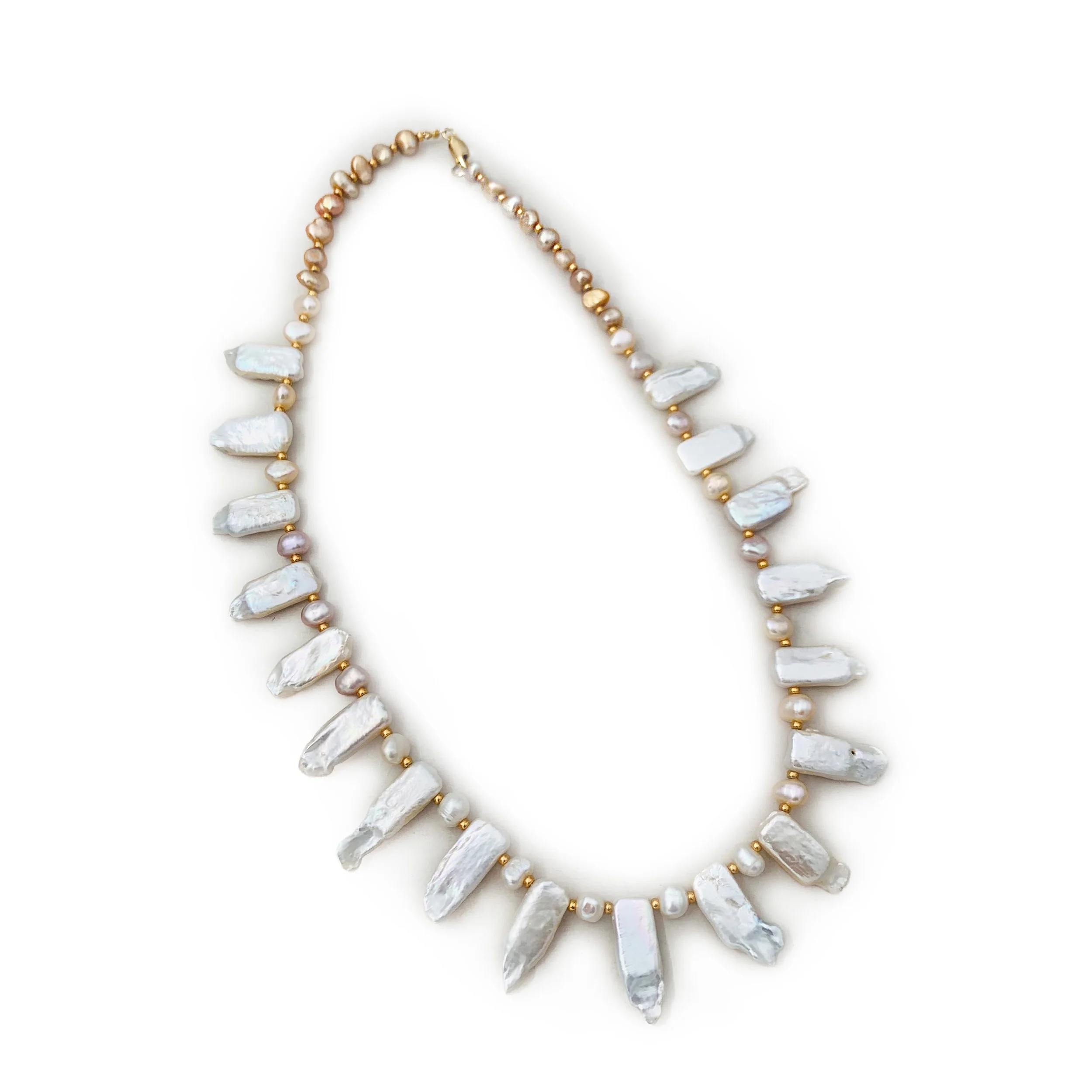 Handcrafted White and Peach Baroque Freshwater Pearl Necklace with Gold Filled Clasp