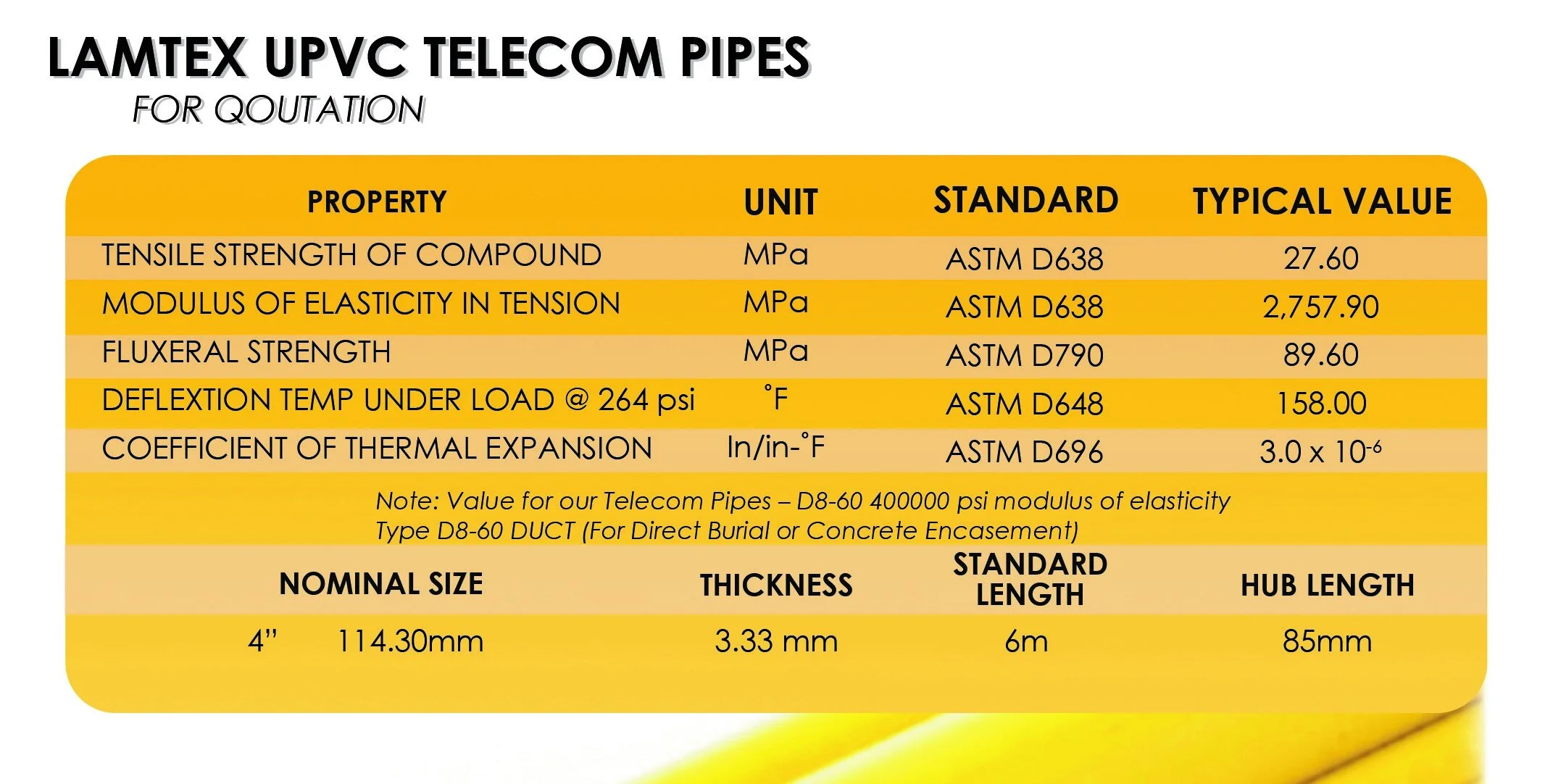 Table listing properties and technical specifications of Lamtex UPVC telecom pipes, including tensile strength, modulus of elasticity, fluxural strength, deflection temperature, thermal expansion coefficient, and pipe dimensions.