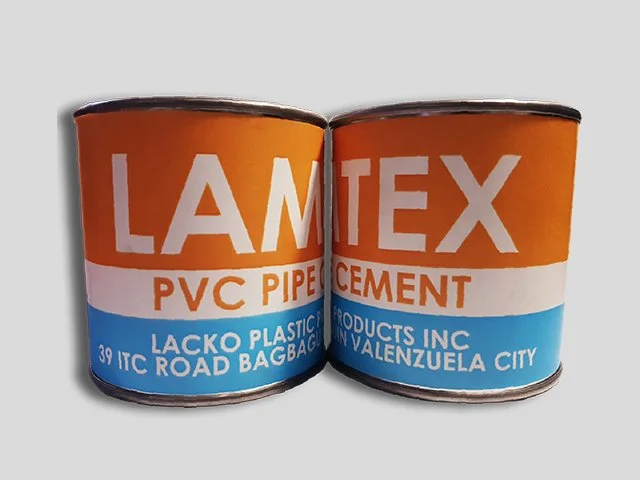 Two cans of LAMEX PVC cement placed side by side.