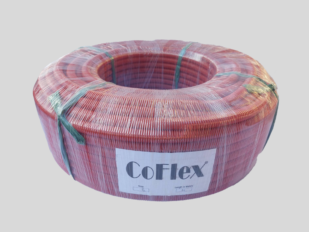 A coiled bundle of red and orange electrical cables wrapped in plastic, labeled 'CoFlex' with size and length information.