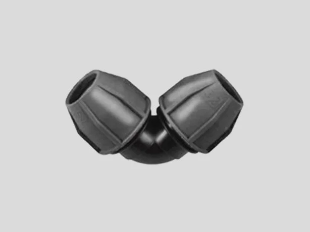 A black plastic pipe fitting with two angled connectors for connecting pipes at a 45-degree angle.